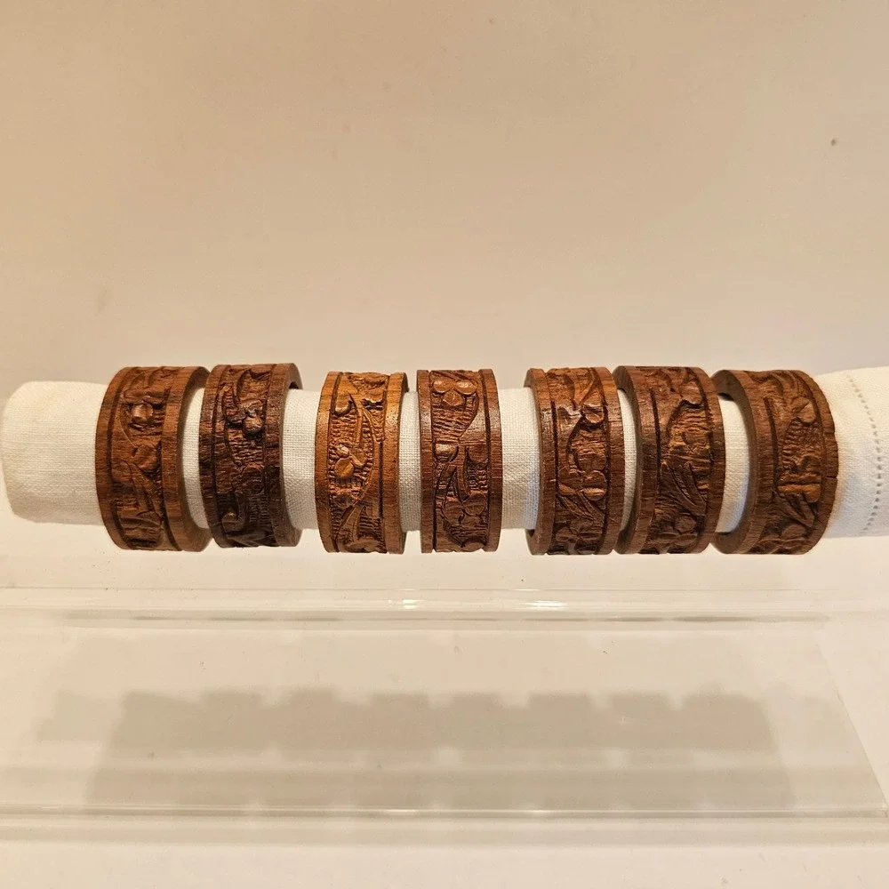 Vintage Hand Carved Wood Napkin Rings Set of 7 Floral Brown Rustic Boho Decor